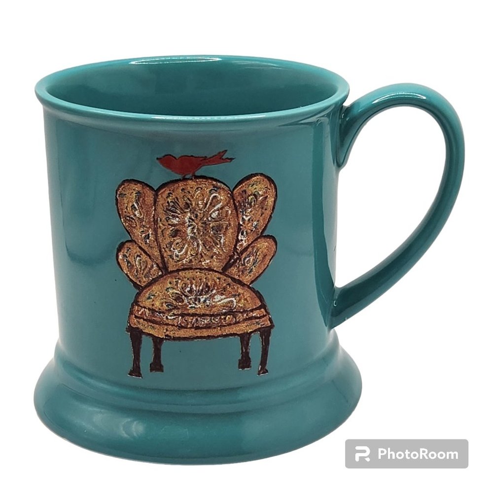 Little e Studio Creative Co-op Turquoise Coffee Cup Mug Red Bird On Chair 14 Oz